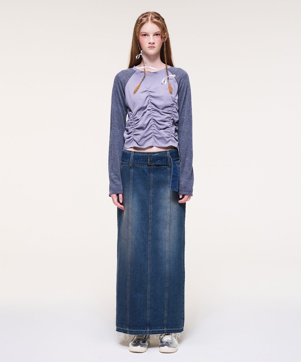 에트몽(ETMON) Wide Belt Long Denim Skirt, Blue