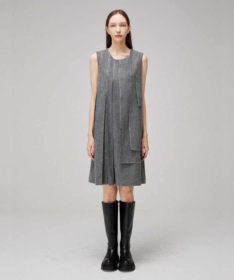 Pleated wool unbalance stitch sleeveless dress
