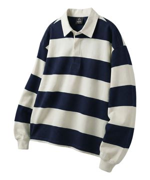 럭비 스트라이프 롱 슬리브 카라 티셔츠 네이비