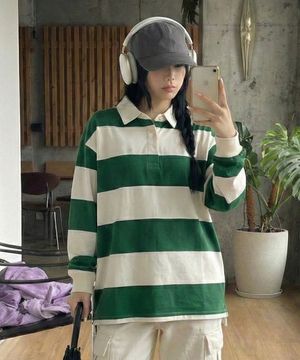 럭비 스트라이프 롱 슬리브 카라 티셔츠 그린