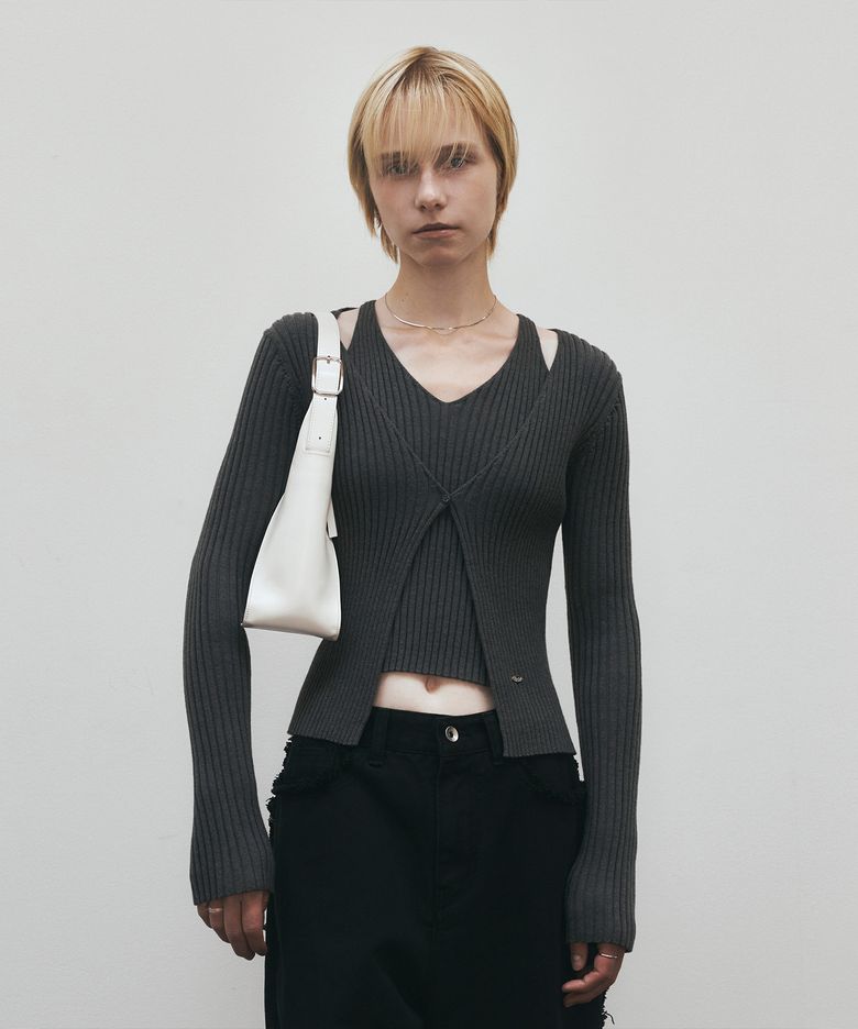 Cut Out Ribbed One Button Cardigan (Charcoal)