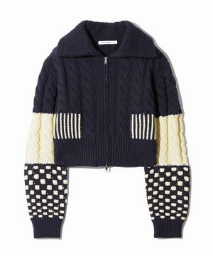 (우먼) 크롭 패치워크 니트 집업_네이비