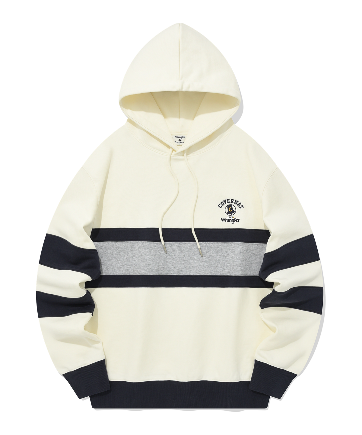 커버낫(COVERNAT) [COVERNAT X WRANGLER] 콜라보 아트웍 절개 배색 후디 네이비
