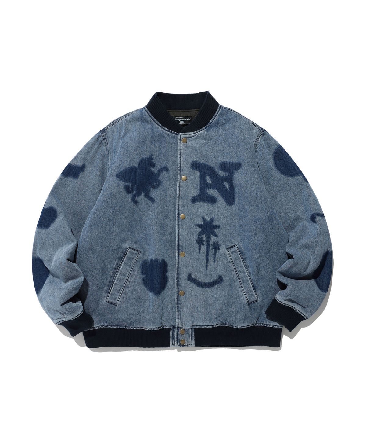 나이스고스트클럽(NICEGHOSTCLUB) WASHED EMBLEM DENIM VARSITY JACKET_BLUE(NG2DFUD110A)