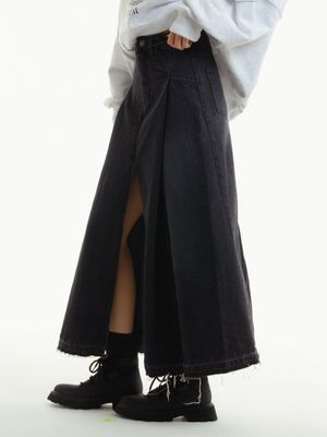 프론트 슬릿 데님 롱 스커트 블랙