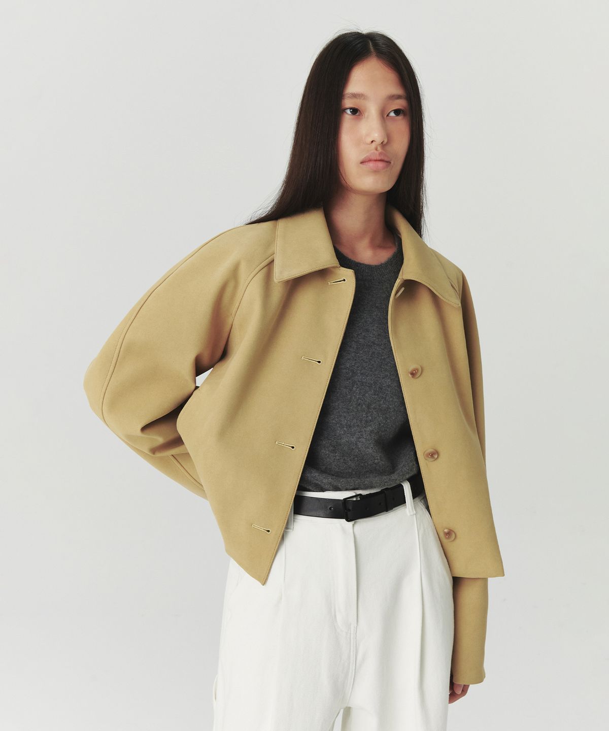 르바(LEVAR) Suede Button-Up Crop Jacket - Camel