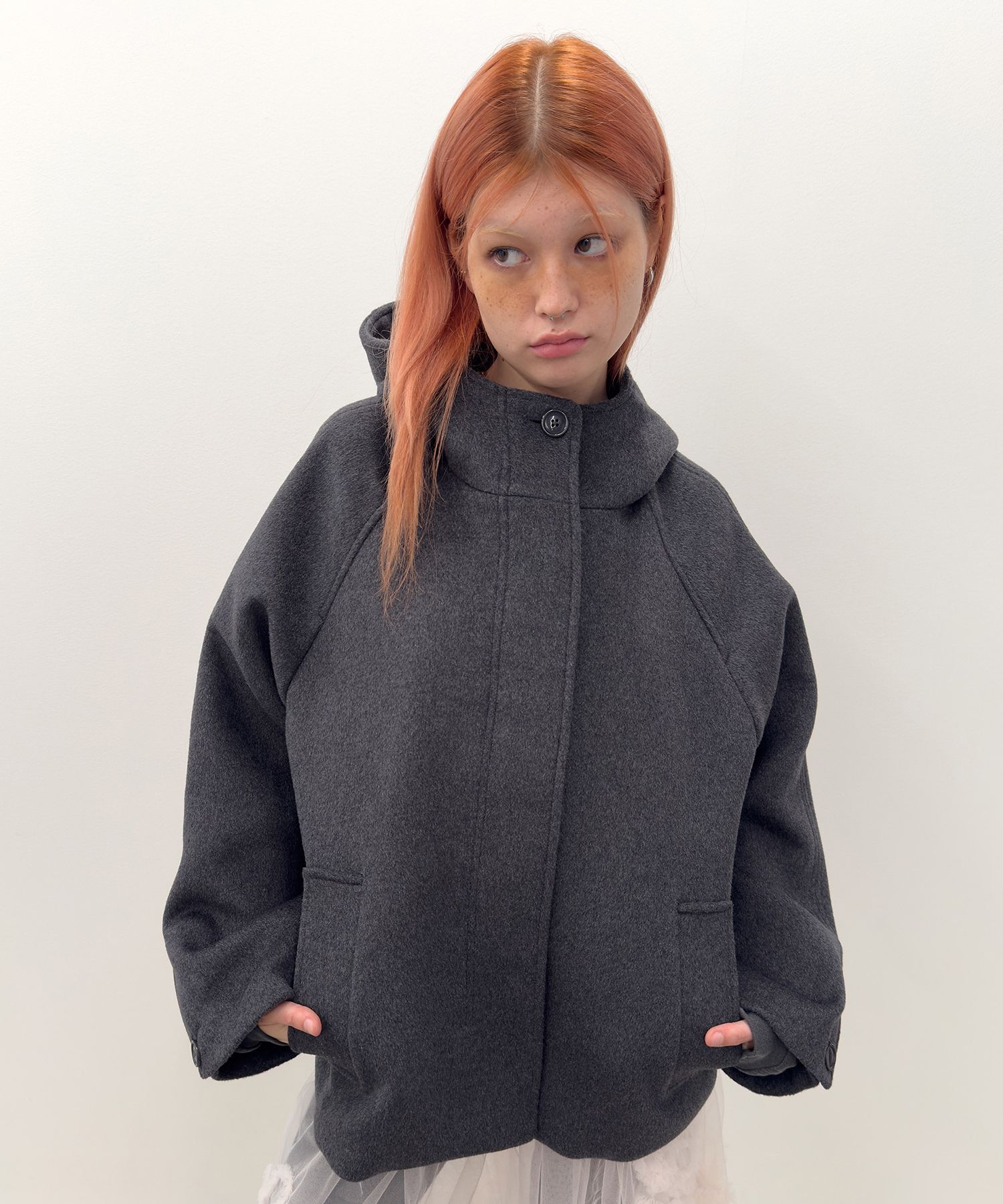 MUSINSA | TYPESERVICE Hooded Half Coat [Charcoal]