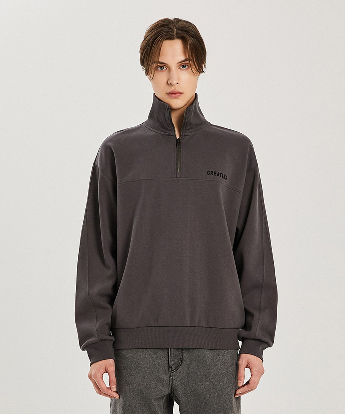 애드호크(ADHOC) 남여공용 절개 디테일 반집업 티셔츠 (DK-GREY) (HZ9LT81-36)