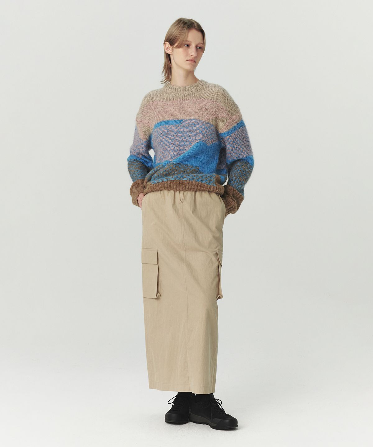 르바(LEVAR) Washed Cargo String Long Skirt - Beige