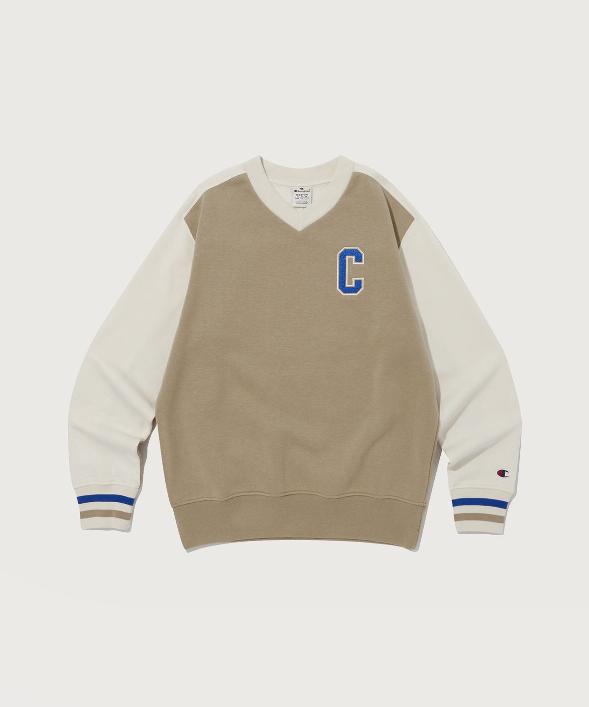 챔피온(CHAMPION) 컬러 블록 브이넥 스웨트셔츠 Normal Beige