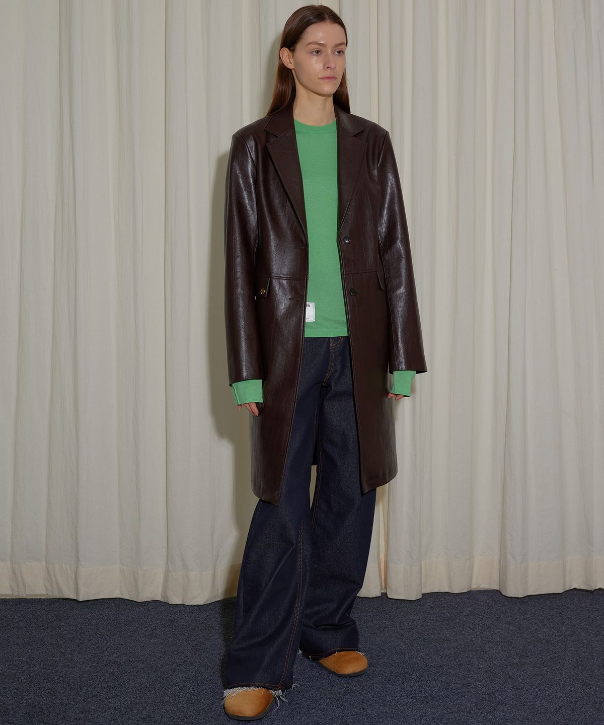 엔오르(EN OR) LEATHER FITTED HALF COAT - BROWN