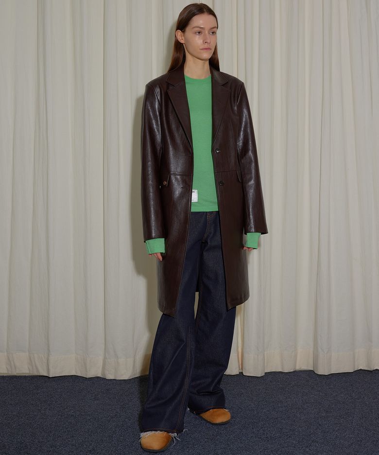 LEATHER FITTED HALF COAT - BROWN