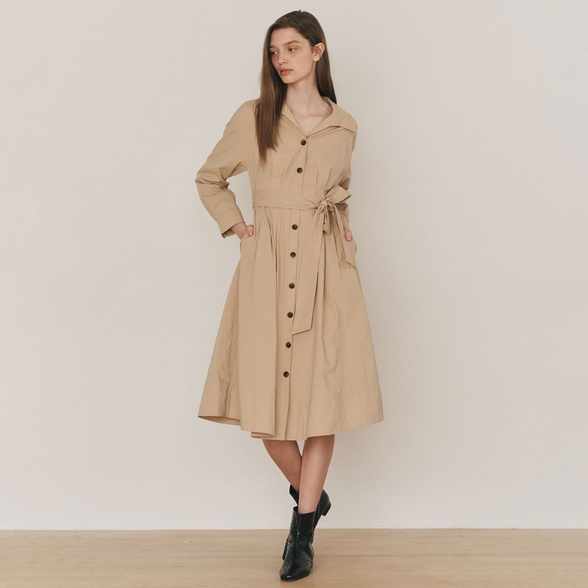 웬스데이딜라잇(WEDNESDAY DELIGHT) WD_Cotton belted shirt dress_BEIGE
