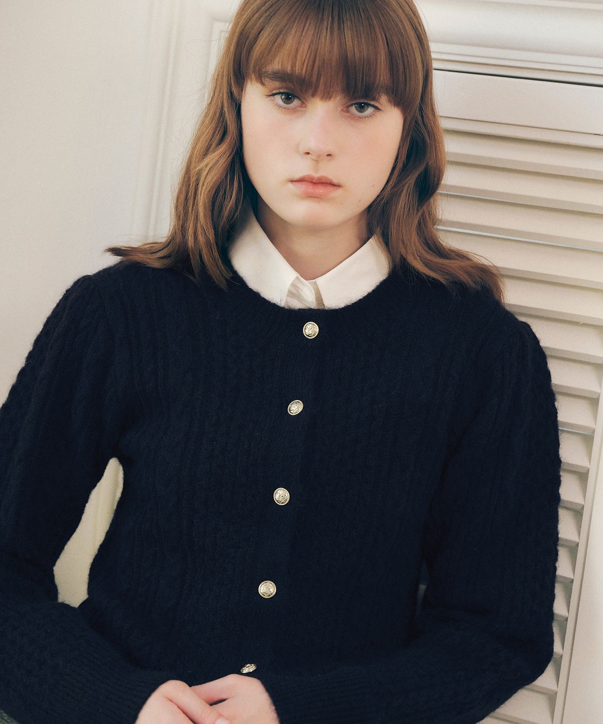 로라로라(ROLAROLA) WOOL BLENDED PUFF SLEEVE CARDIGAN NAVY