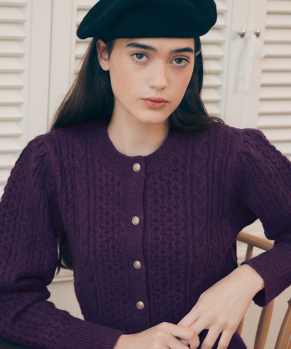 로라로라(ROLAROLA) WOOL BLENDED PUFF SLEEVE CARDIGAN BURGUNDY