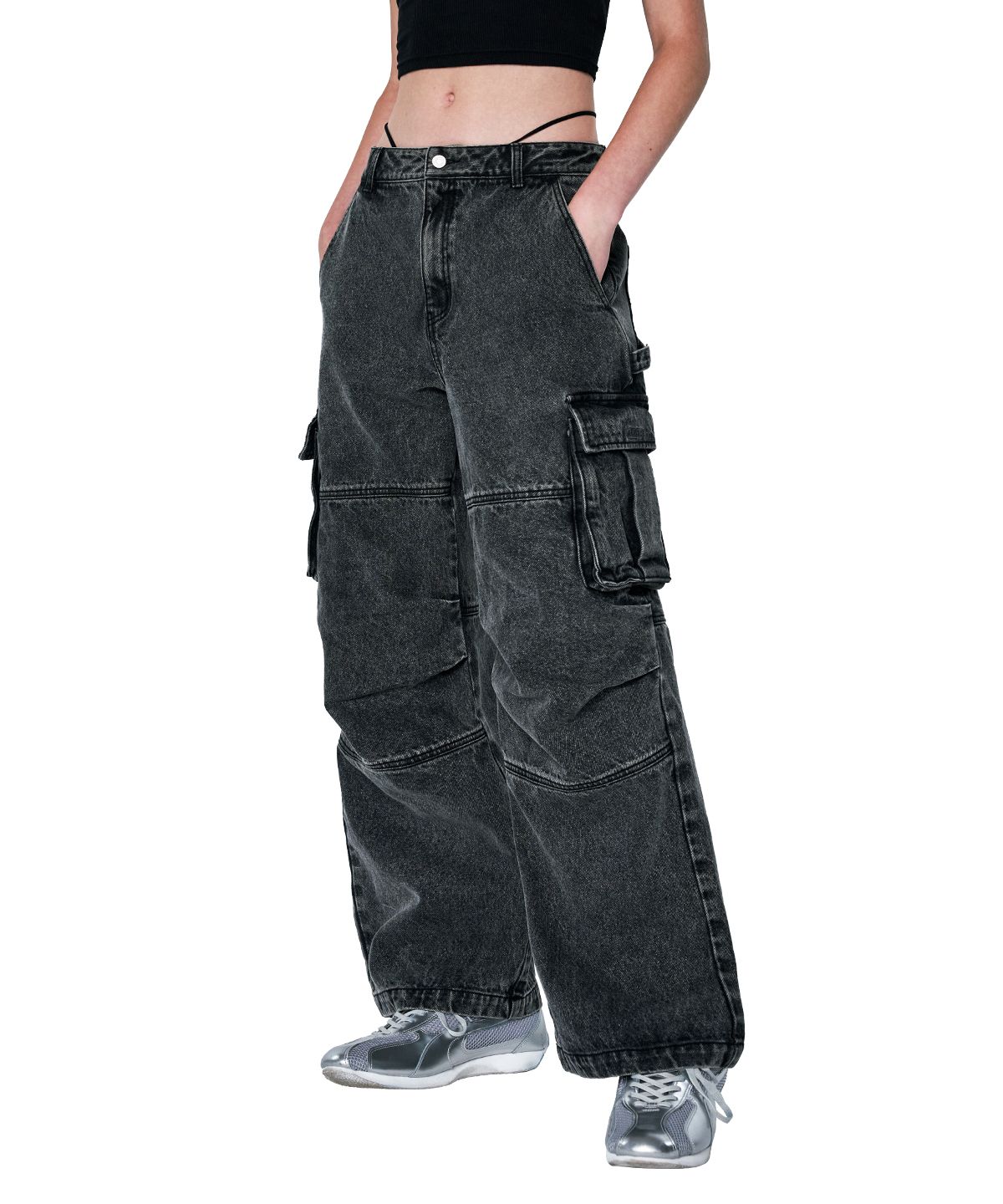 │Odd Studio│ Salt Washing Cargo Wide Parachute Denim Pants Salt Washing Cargo Wide Denim Parachute Pants - ODDSTUDIO