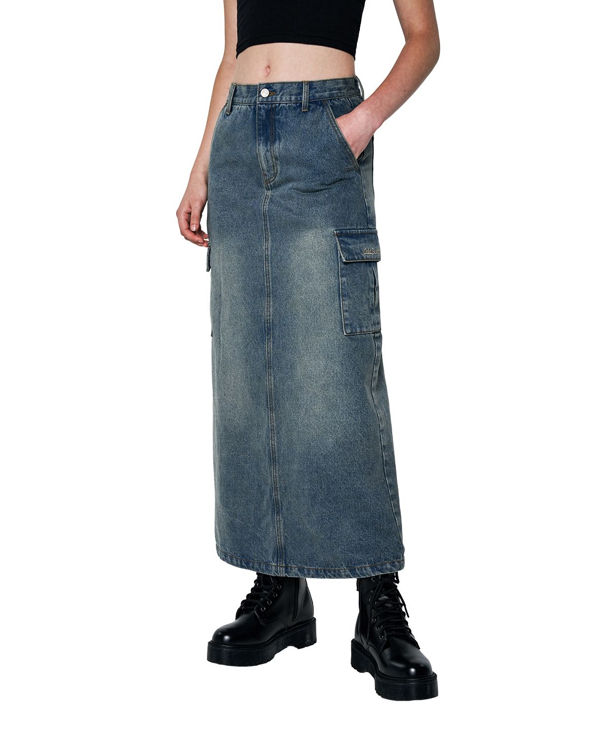 ★Odd Studio★ Sand Washing Cargo Denim Long Skirt BLUE MUSINSA | ODDSTUDIO Sand washed cargo denim long skirt - BLUE