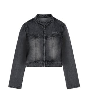 샌드 워싱 바이커 데님 크롭 자켓 - BLACK