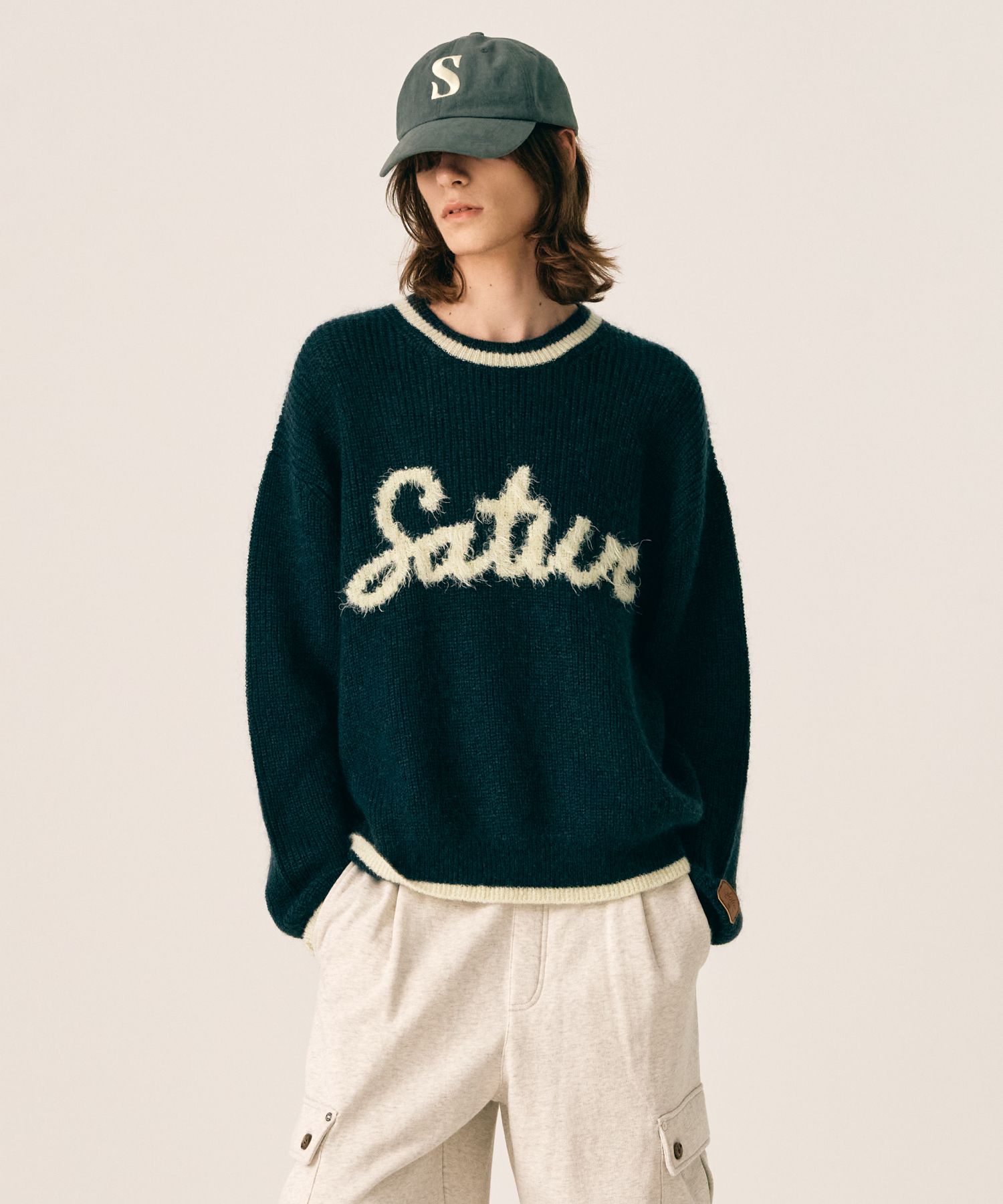 ★ SATUR ★ROUND NECK MOHAIR LOGO KNIT MUSINSA | SATUR Round neck mohair logo knit resort black