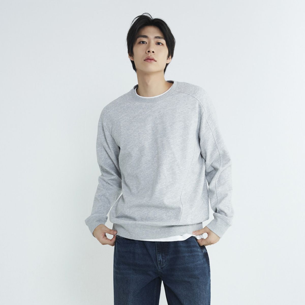 버커루(BUCKAROO) 남성 바이어스 골지 라운드 티셔츠 멜란지 그레이