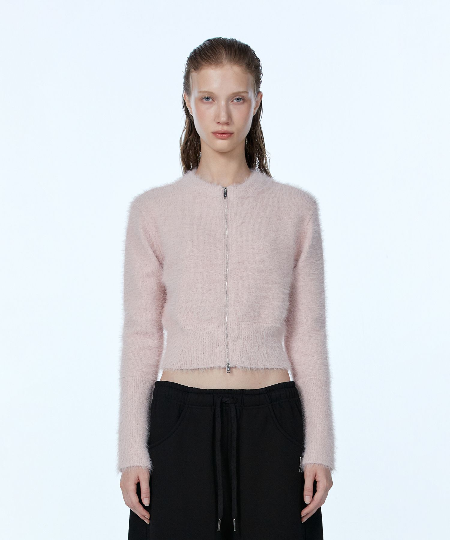MUSINSA | WOOALONG Hairy knit zip-up cardigan - DUSTY PINK