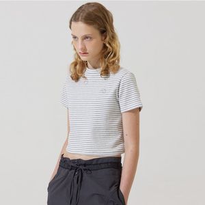 미니 스트라이프 AD 자수 로고 티셔츠 - 그레이