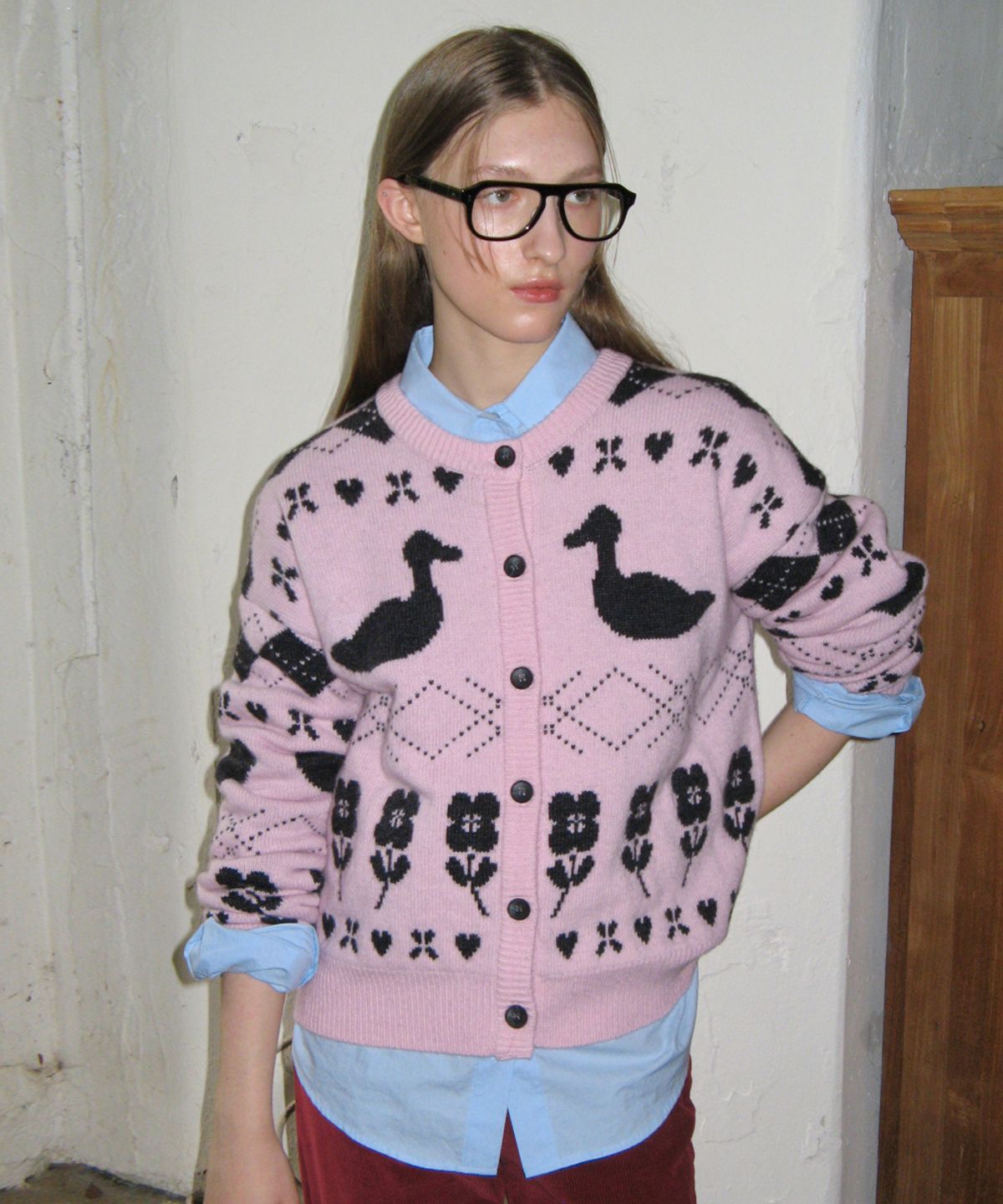 시눈(SINOON) MIXED PATTERN KNIT CARDIGAN (PINK)