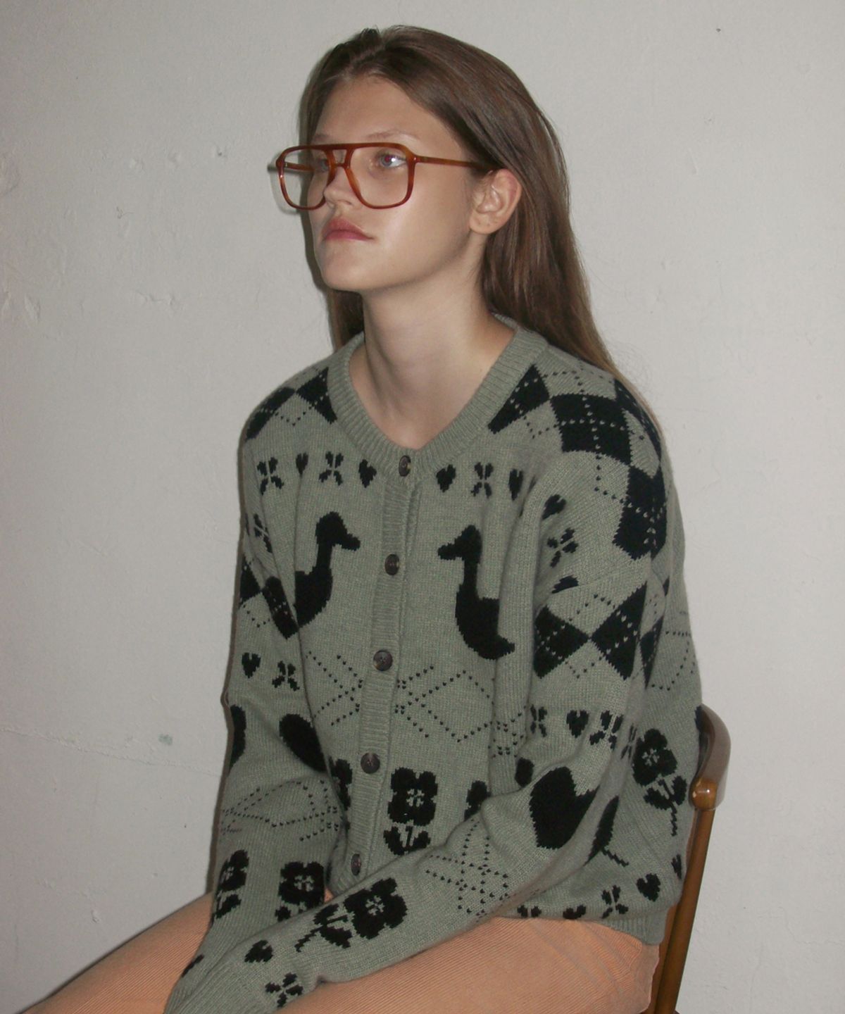 시눈(SINOON) MIXED PATTERN KNIT CARDIGAN (LIGHT KHAKI)