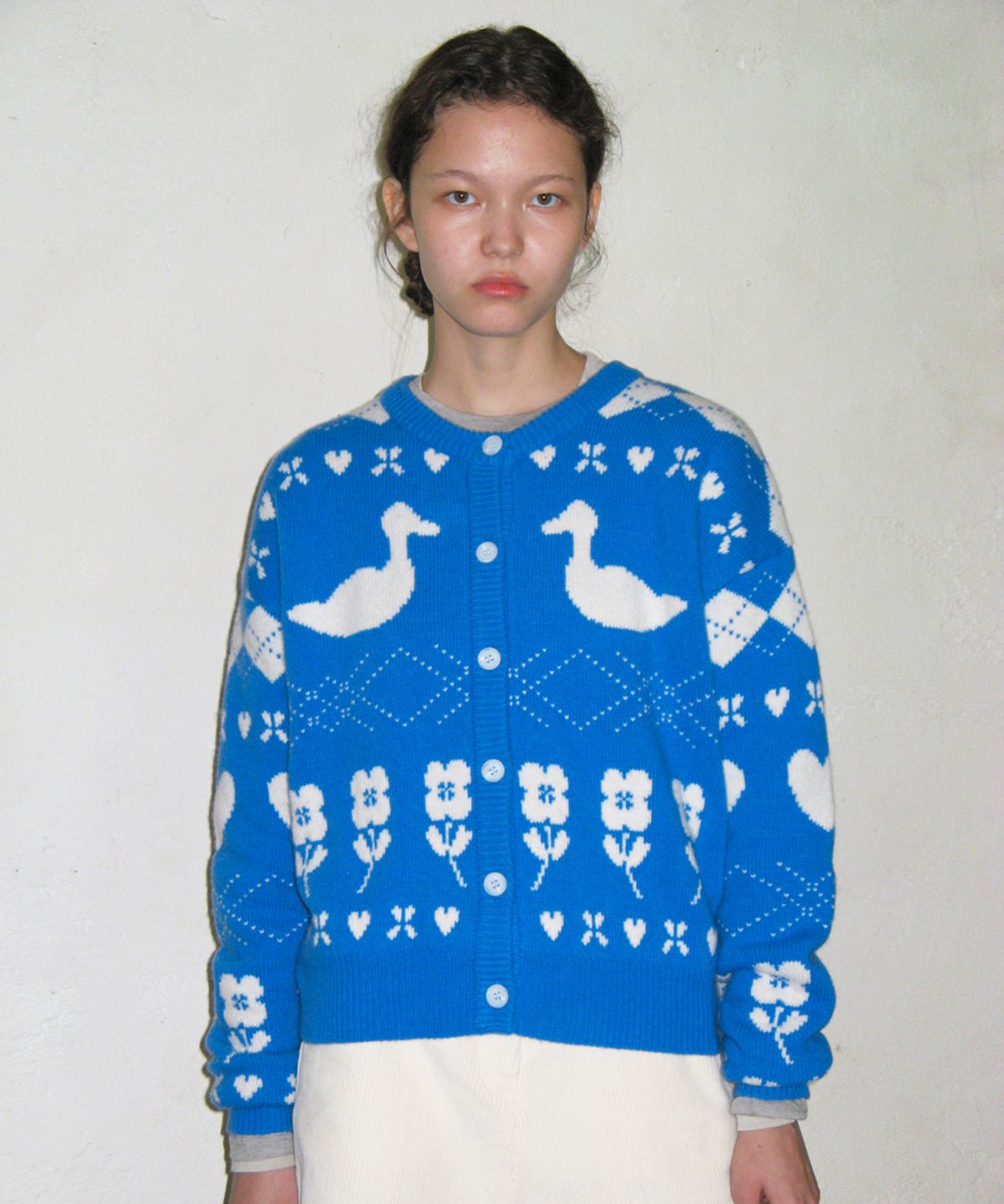 시눈(SINOON) MIXED PATTERN KNIT CARDIGAN (BLUE)