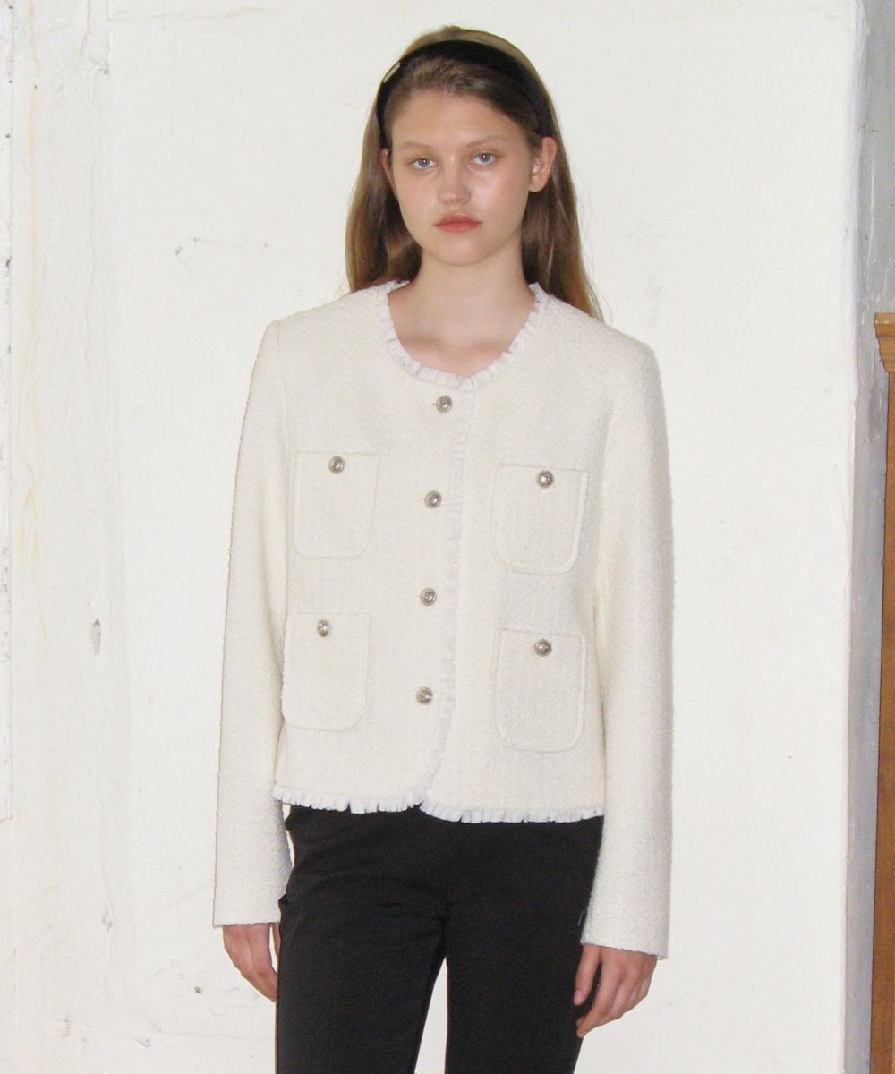 ★sinoon★ FRINGE CROPPED TWEED JACKET IVORY SN2D3OJ001IV MUSINSA | SINOON FRINGE CROPPED TWEED JACKET (IVORY)
