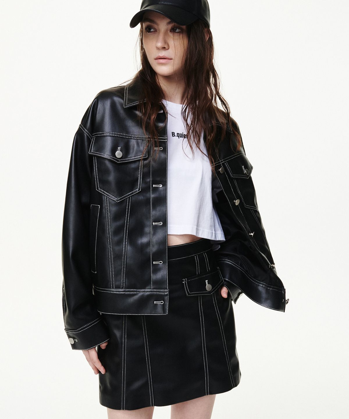 비콰이엇(B QUIET) FAUX LEATHER POCKET MINI SKIRTS_BLACK