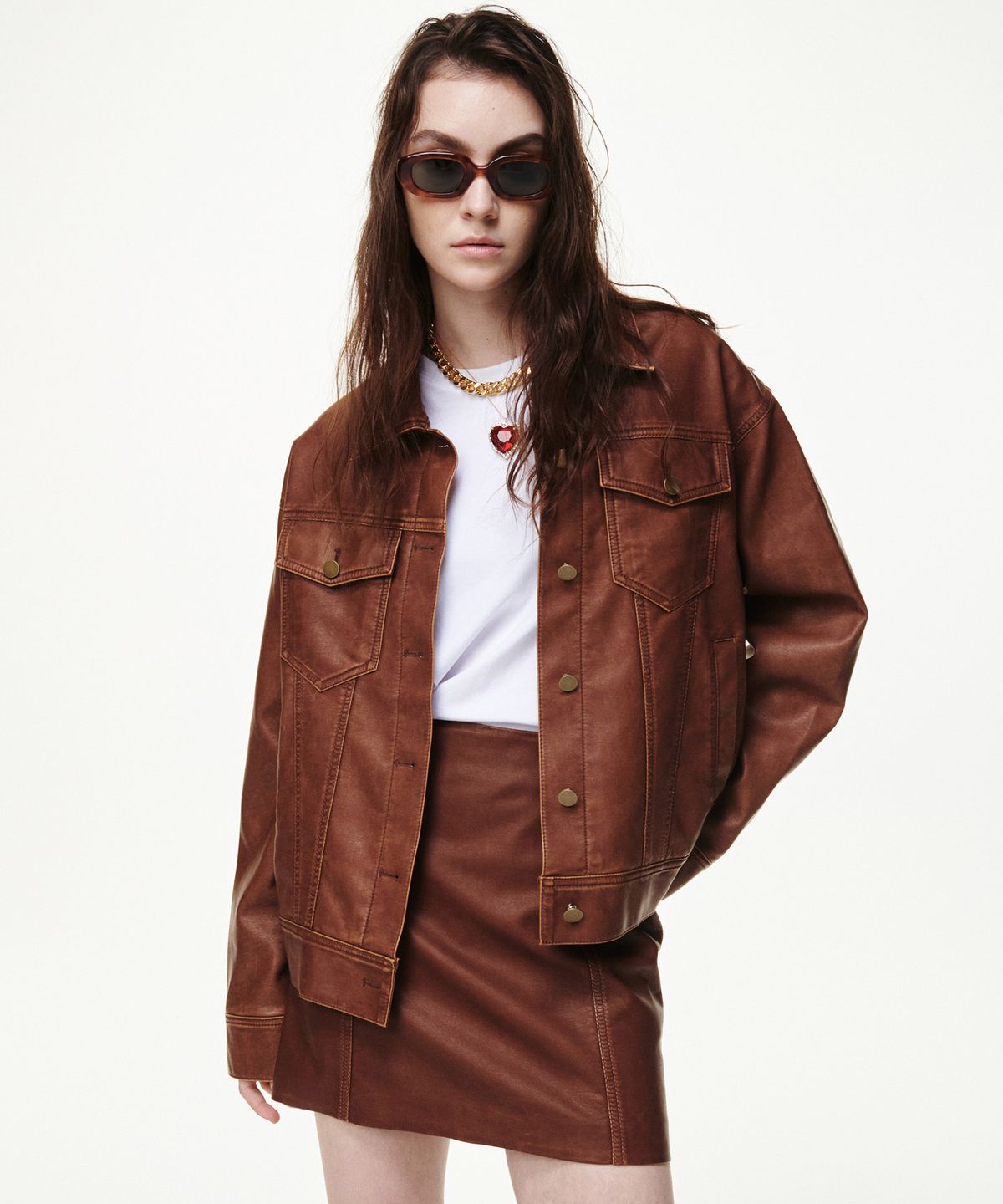 비콰이엇(B QUIET) FAUX LEATHER WASHED MINI SKIRTS_TAN BROWN