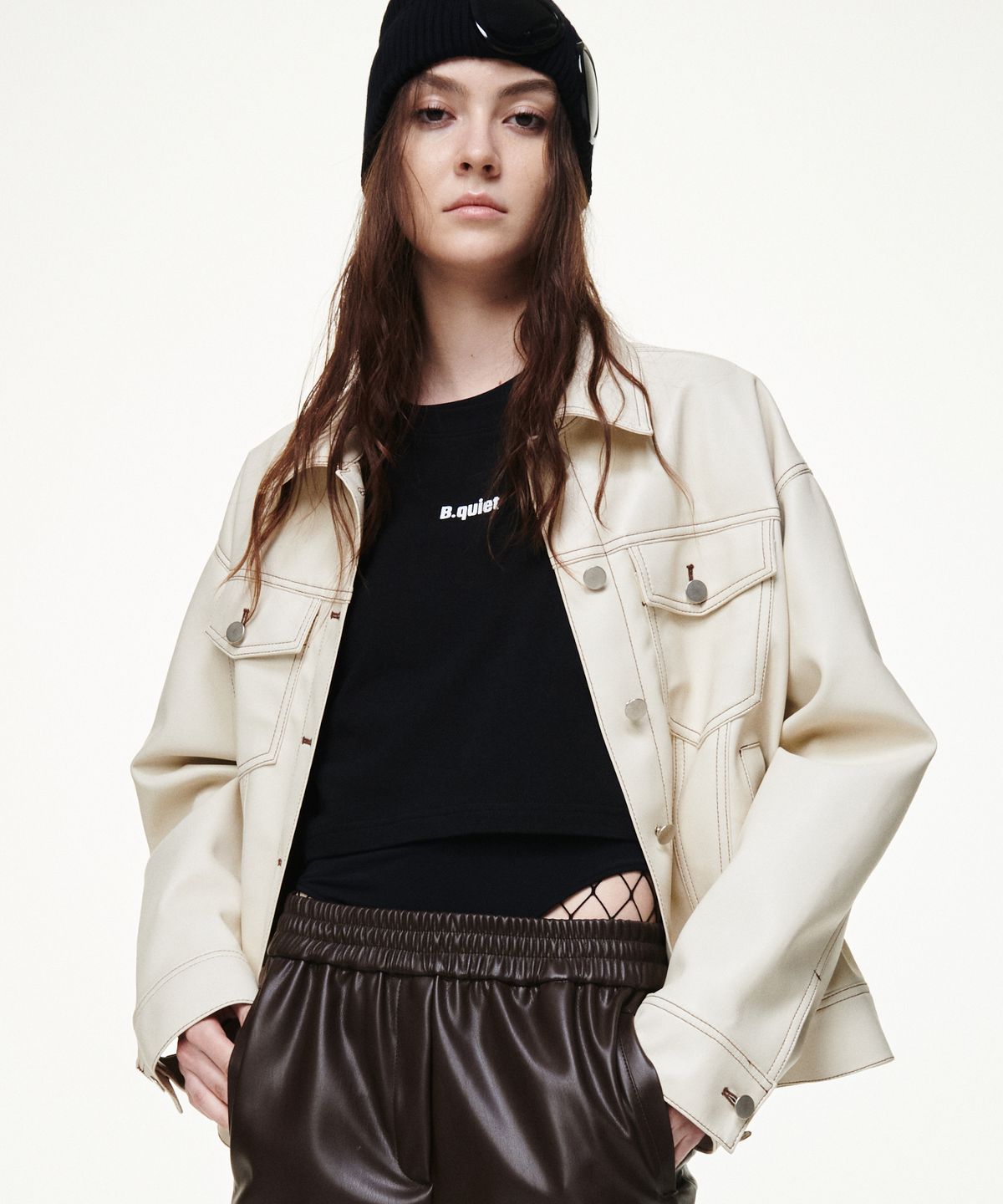 비콰이엇(B QUIET) [UNISEX]FAUX LEATHER TRUCKER JACKET_CREAM