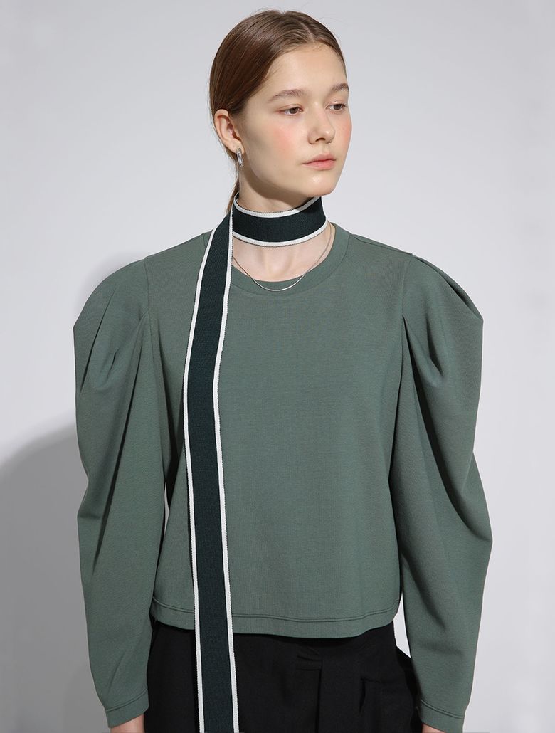 Volume Sleeve Crop Sweatshirt_Olive  Green 볼륨 슬리브 크롭 스웨트셔츠_올리브 그린