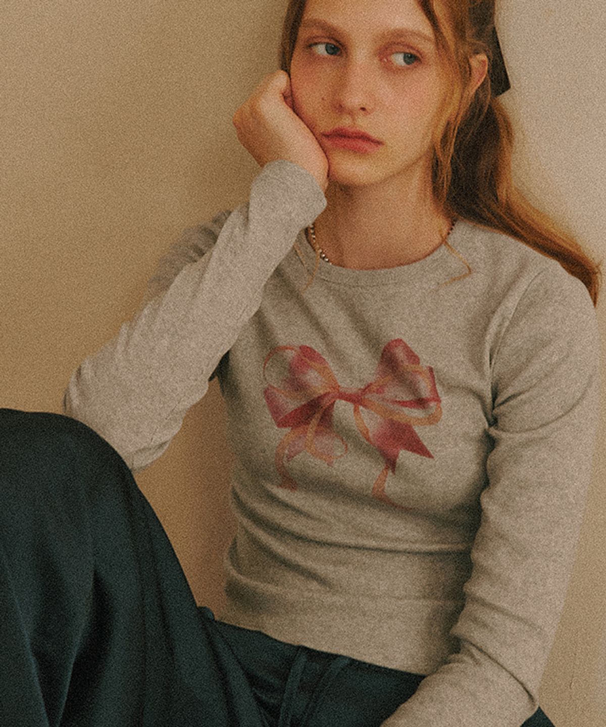론론(RONRON) DOUBLE RIBBON SLIM CROP LONG SLEEVE GREY