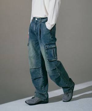 유틸리티 카고 샌드 블루 데님 팬츠 [와이드핏]