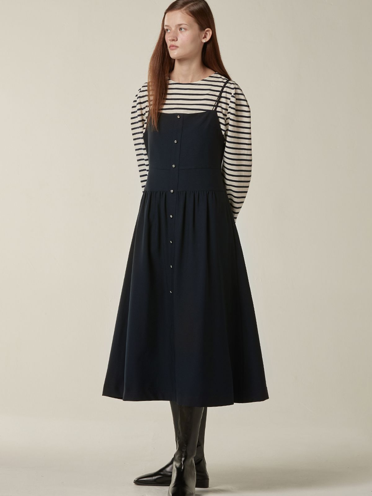 비뮤즈맨션(BEMUSE MANSION) Button up volume layered dress - Navy