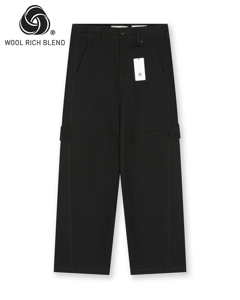 WOOL BLENDED TWIST SEAM CARGO PANTS BLACK