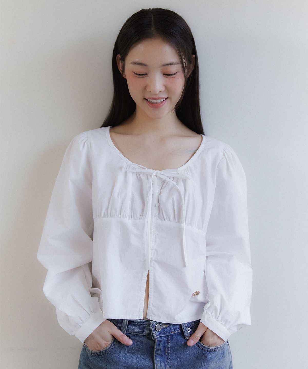 아노에틱(ANOETIC) ANC LONG SLEEVE RIBBON PUFF BLOUSE_WHITE