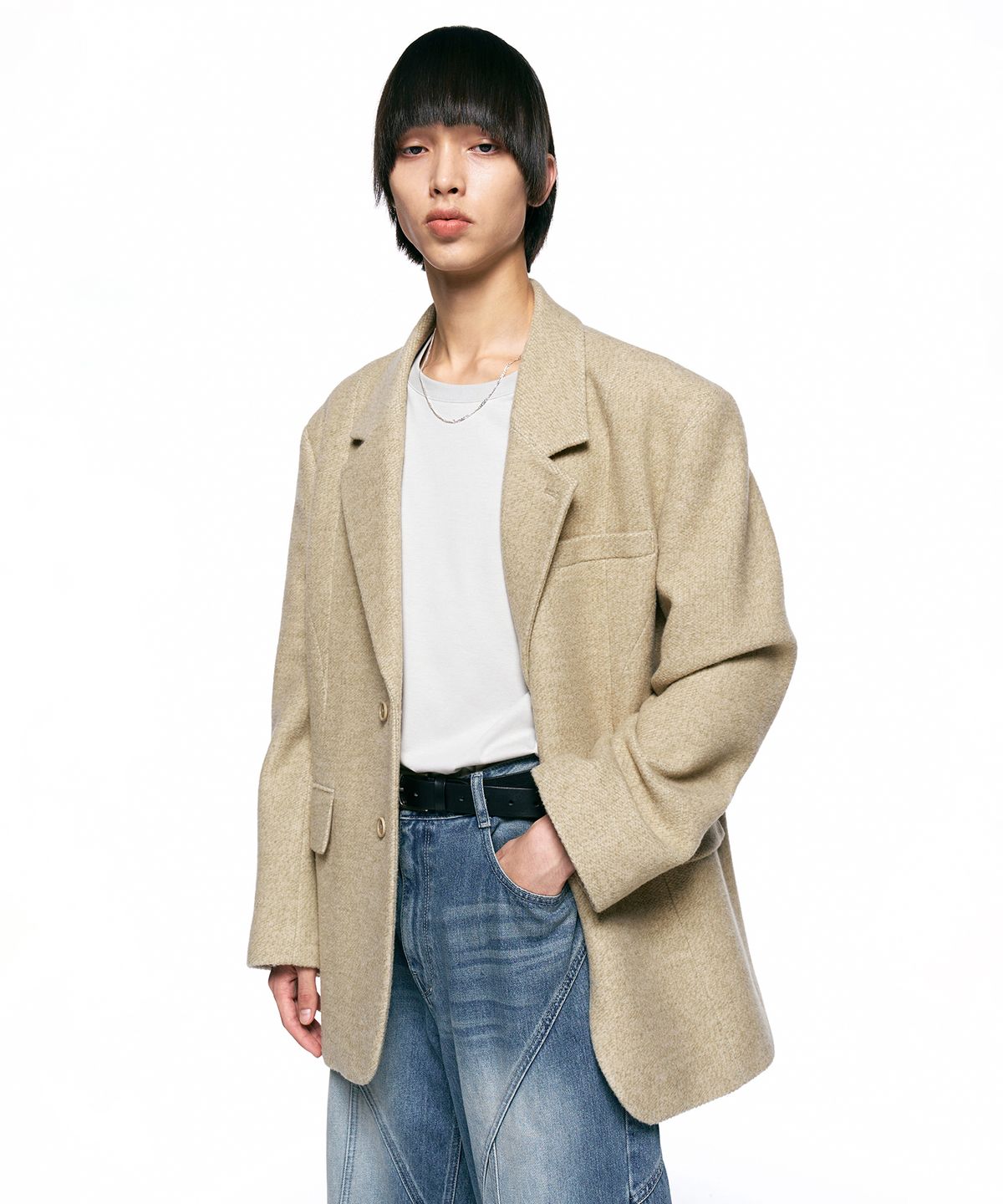인사일런스(INSILENCE) 홈스펀 울 실루엣 블레이저 BEIGE