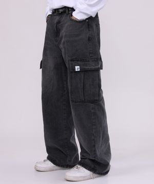 세미 와이드 카고 데님 팬츠 흑청