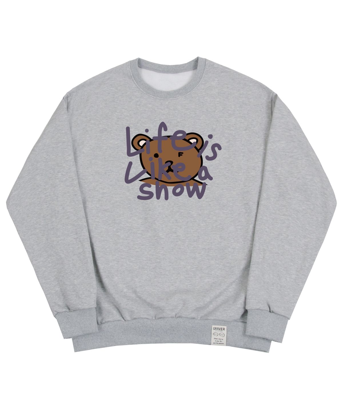 그레이버(GRAVER) [UNISEX]빅 드로잉 레터 베어 맨투맨_그레이/퍼플 로고