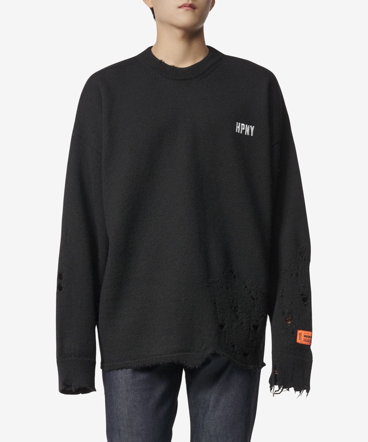 헤론 프레스톤(HERON PRESTON) 슈레드 크루넥 니트 - 블랙 / HMHE011F23KNI0011001