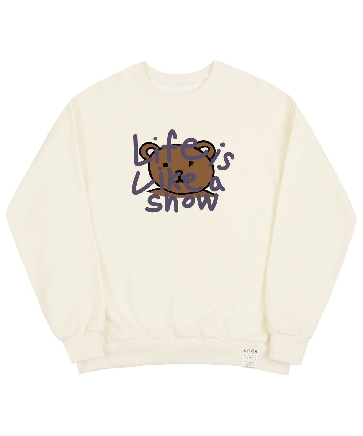 그레이버(GRAVER) [UNISEX]빅 드로잉 레터 베어 맨투맨_크림/퍼플 로고