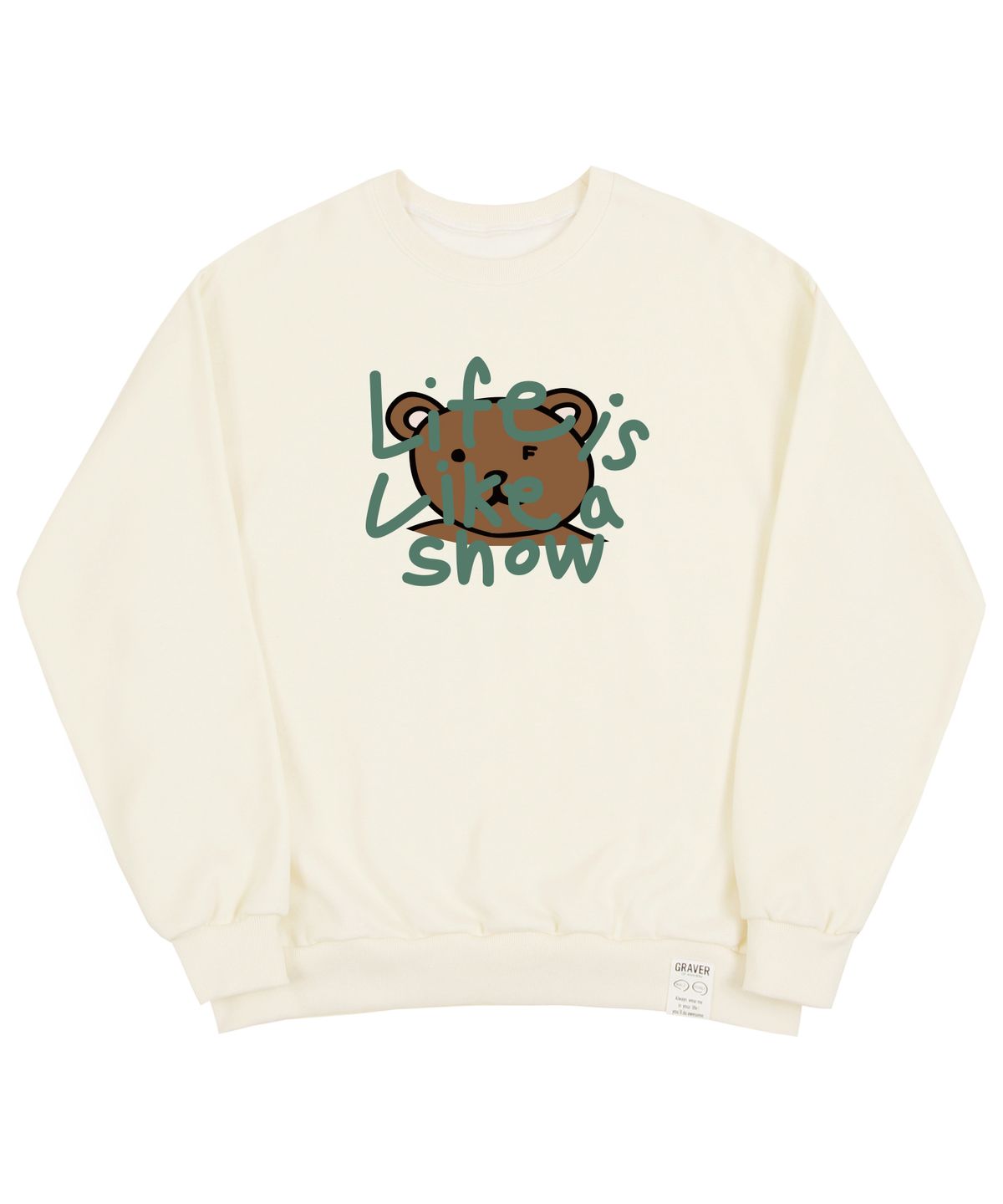 그레이버(GRAVER) [UNISEX]빅 드로잉 레터 베어 맨투맨_크림/그린 로고
