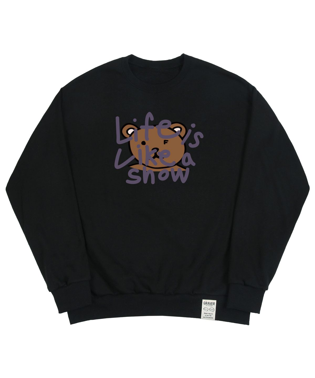 그레이버(GRAVER) [UNISEX]빅 드로잉 레터 베어 맨투맨_블랙/퍼플 로고