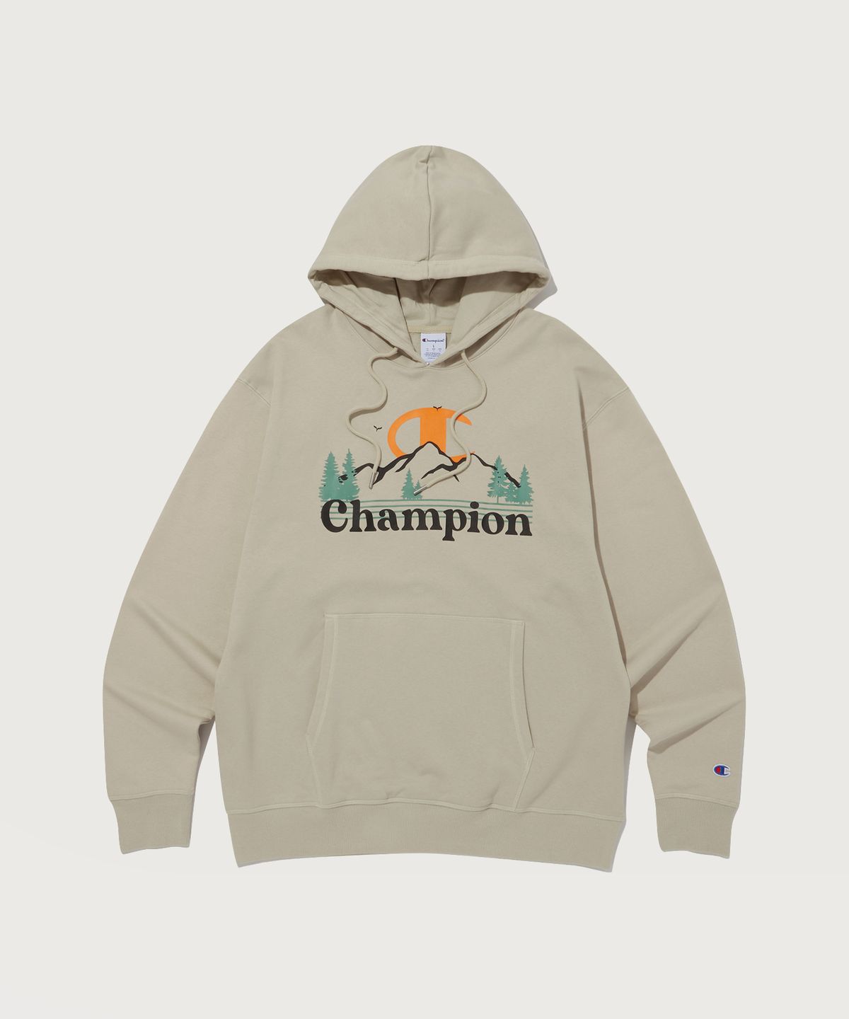 챔피온(CHAMPION) 클래식 플리스 기모 그래픽 후드 티셔츠 Normal Beige
