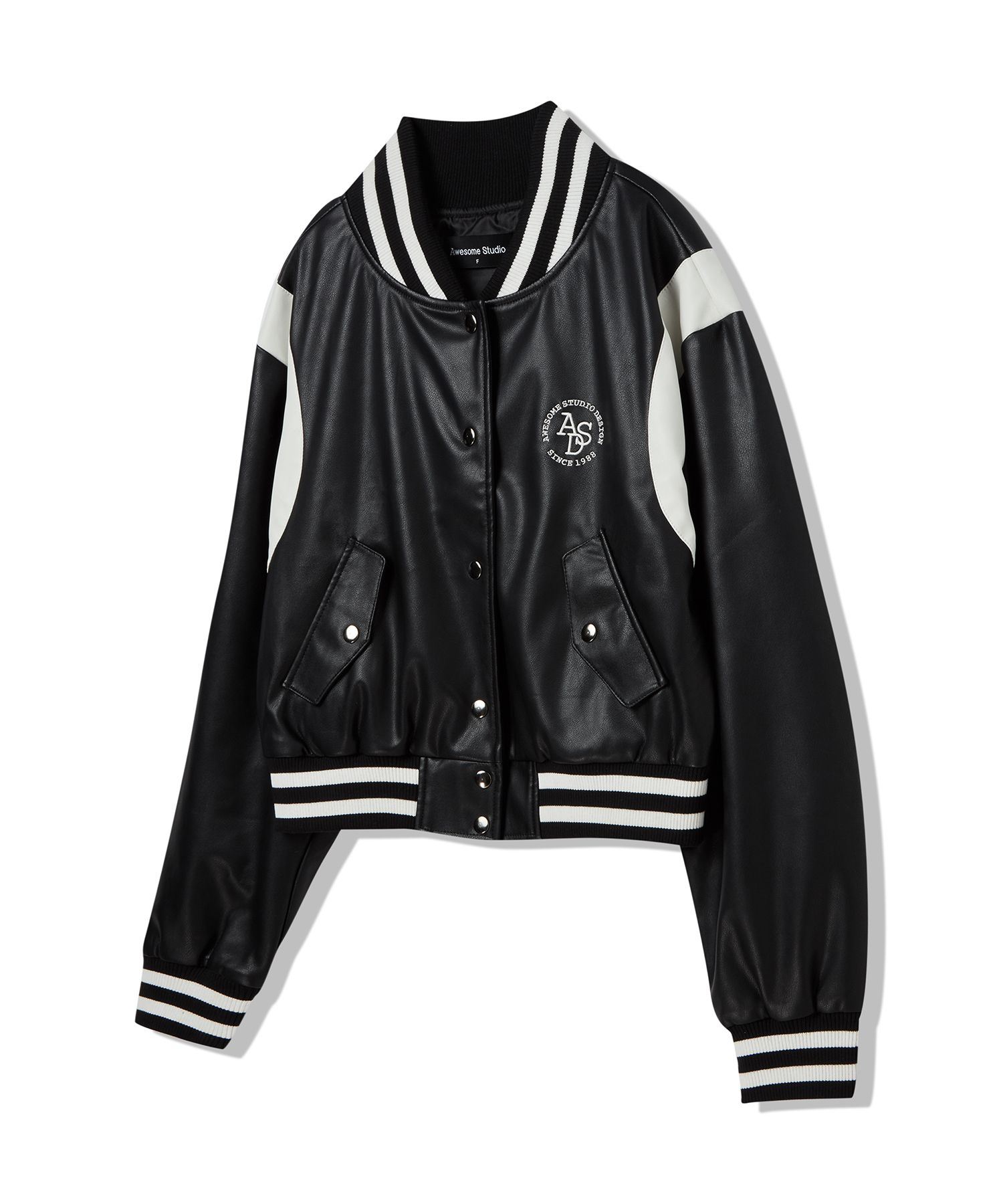 MUSINSA | AWESOME STUDIO Faux Leather Baseball Jumper Black