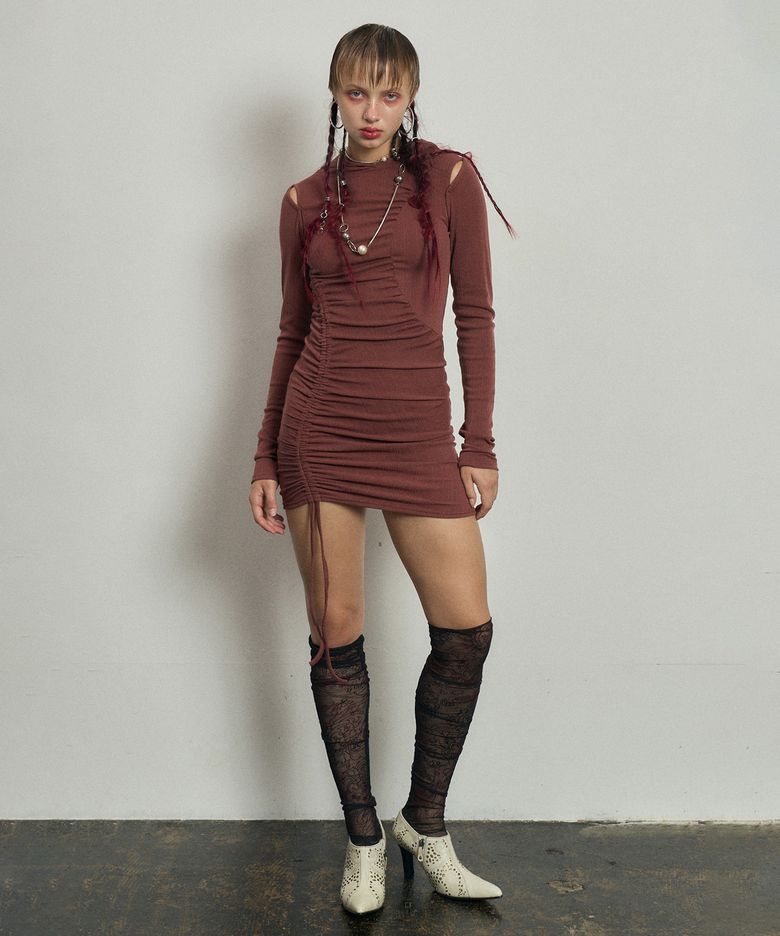 Cut-Out Shirring Hoodie Dress Brick Red