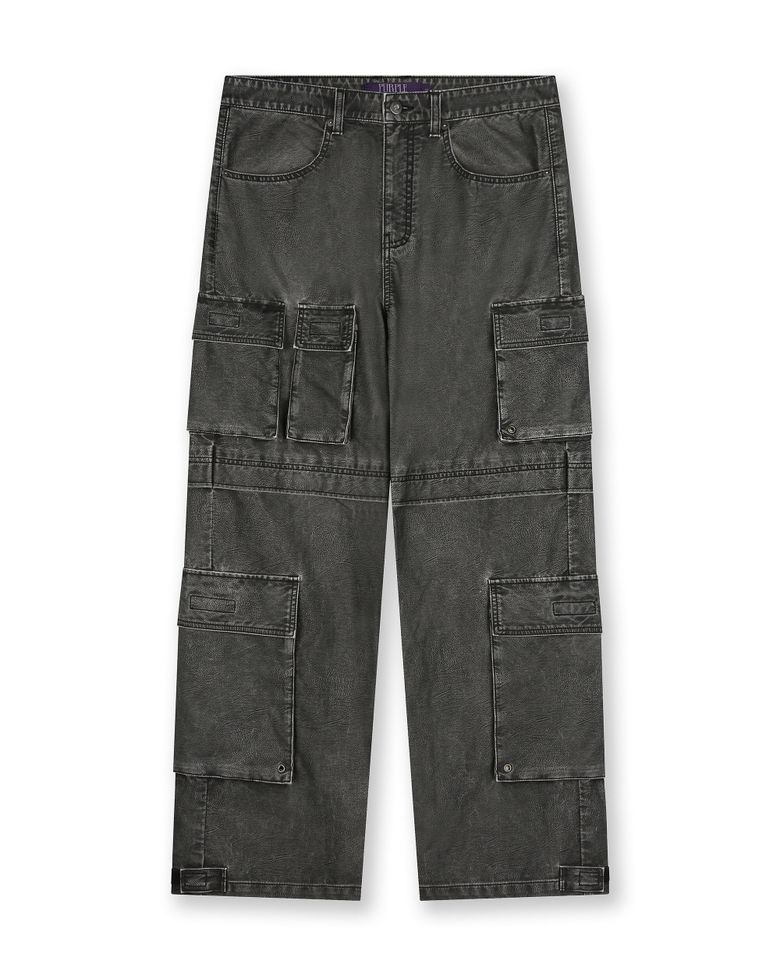 WASHED LEATHER MULTI CARGO PANTS FADE BLACK